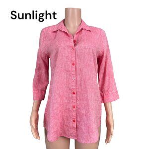 Chicos Womens Red 100% Linen No Iron Button Up Tunic Top Size 0 US S 3/4 Sleeve